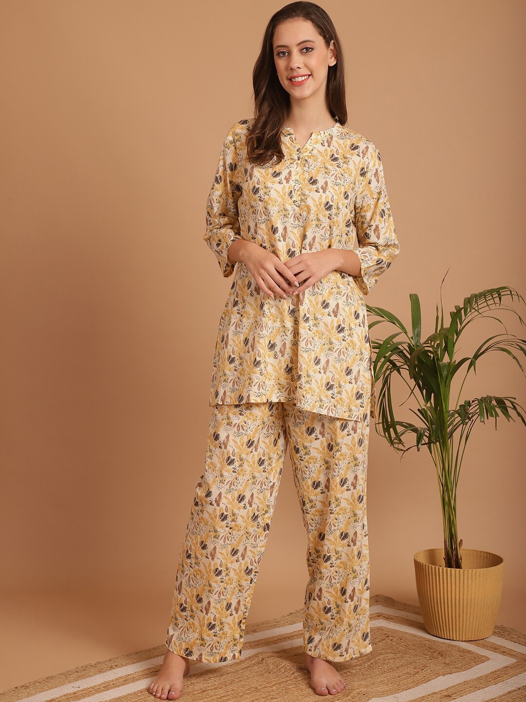 

Indreams Floral Print Pure Cotton Night suit, Yellow