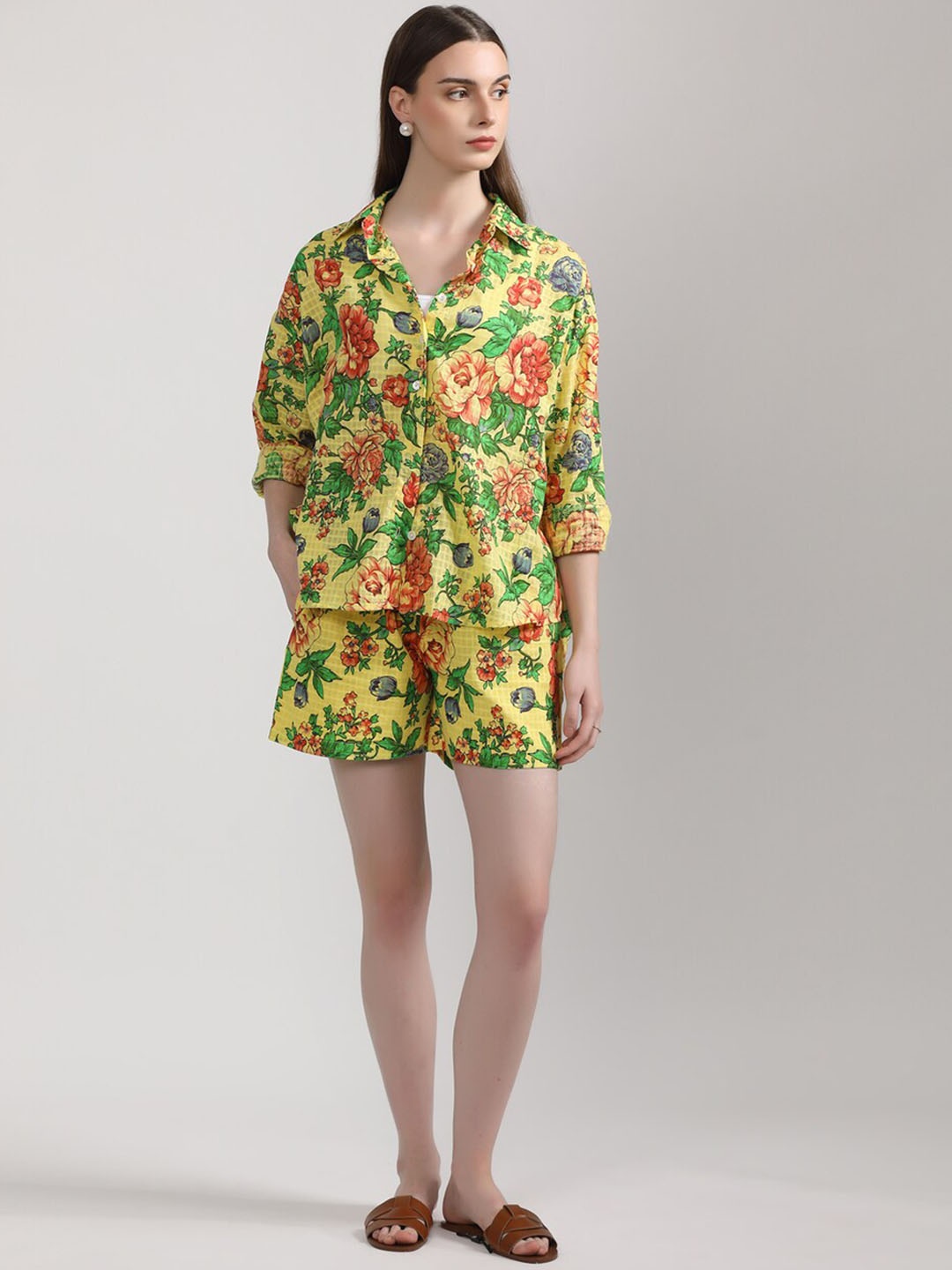 

BOTNIA Floral Printed Shirt Collar Pure Cotton Shirt With Shorts, Yellow