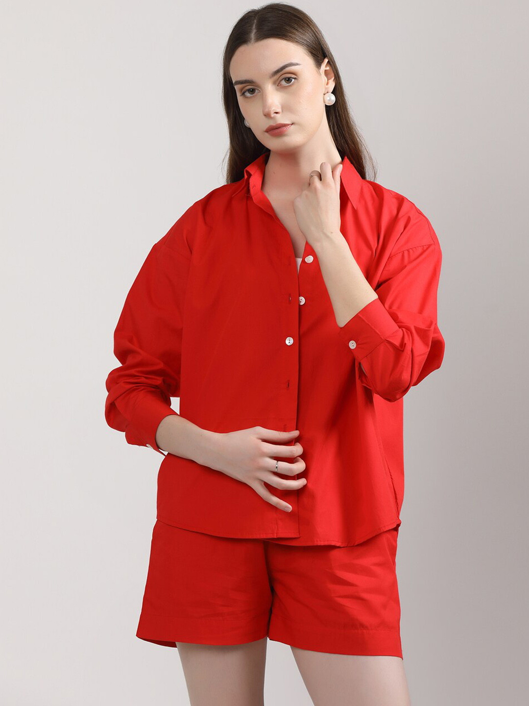 

BOTNIA Shirt Collar Pure Cotton Shirt With Shorts, Red