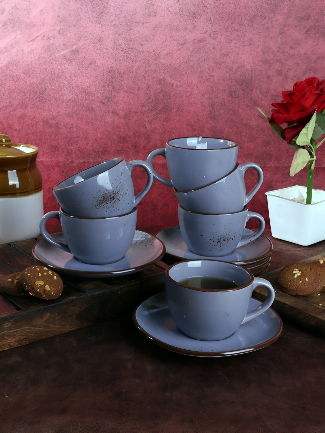 

CDI Blue & Brown 12 Pieces Ceramic Glossy Cups And Saucers 150 ml Each