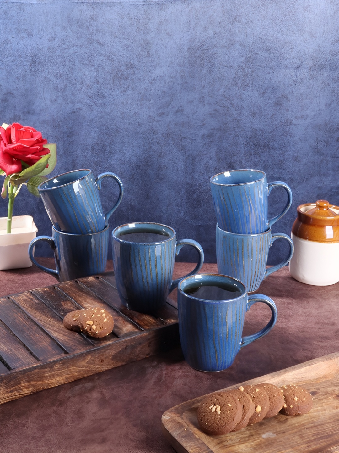 

CDI Blue & Black 6 Pieces Textured Ceramic Glossy Mugs 300 ml Each