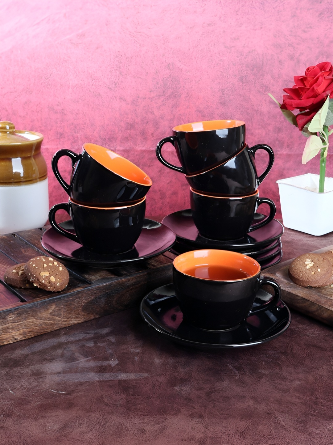 

CDI Black & Red 12 Pieces Ceramic Glossy Cups And Saucers 150 ml Each