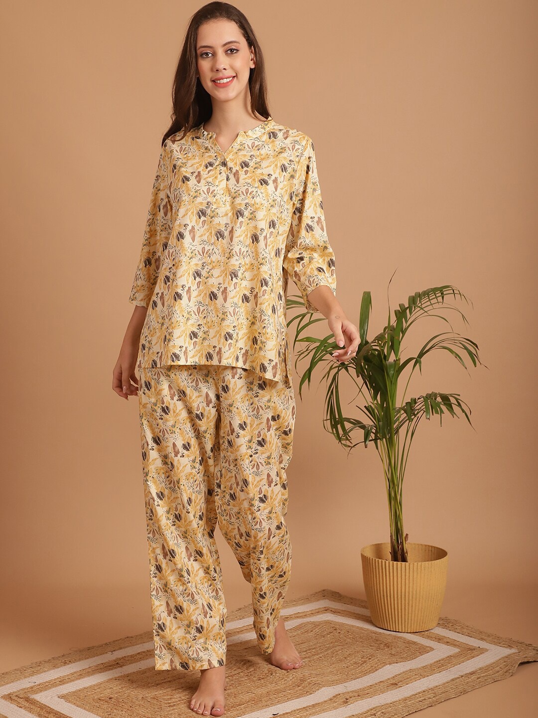 

Indreams Floral Print Pure Cotton Night suit, Yellow