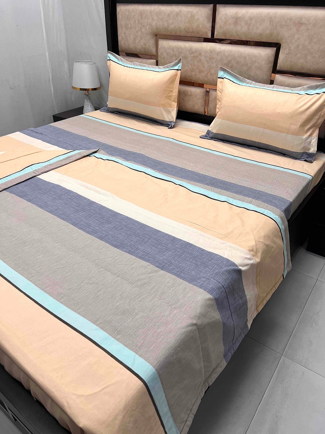 

Pure Decor Blue and Grey Striped Printed 280 TC King Size Cotton Bedding Set