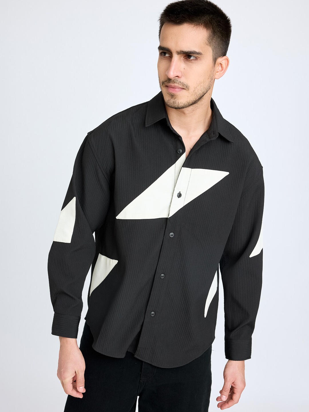 

FREAKINS Colourblocked Pure Cotton Oversized Casual Shirt, Black