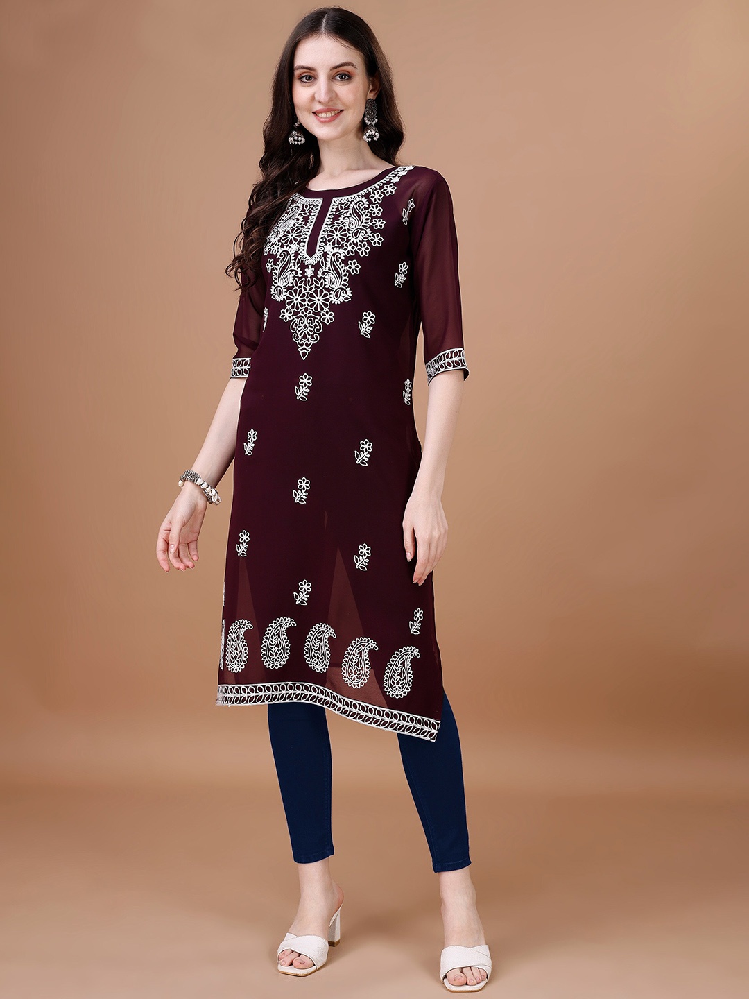 

FabFairy Ethnic Motifs Embroidered Georgette Straight Kurta, Purple