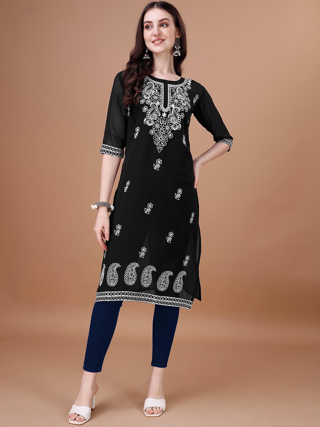 

FabFairy Ethnic Motifs Embroidered Georgette Straight Kurta, Black