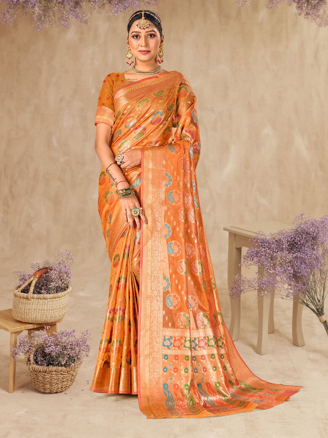 

Mitera Woven Design Zari Organza Kanjeevaram Saree, Orange