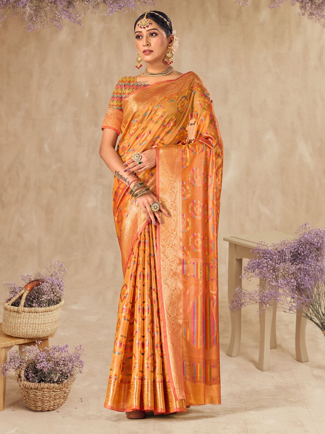 

Mitera Woven Design Zari Organza Handloom Kanjeevaram Saree, Orange