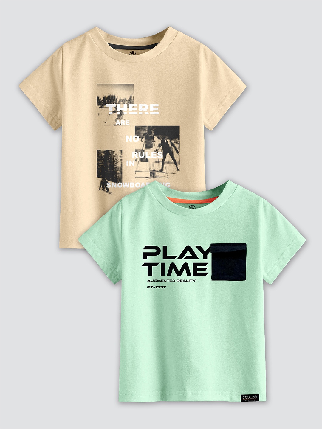 

CODEZ Boys Pack Of 2 Typography Printed Cotton T-Shirt, Beige