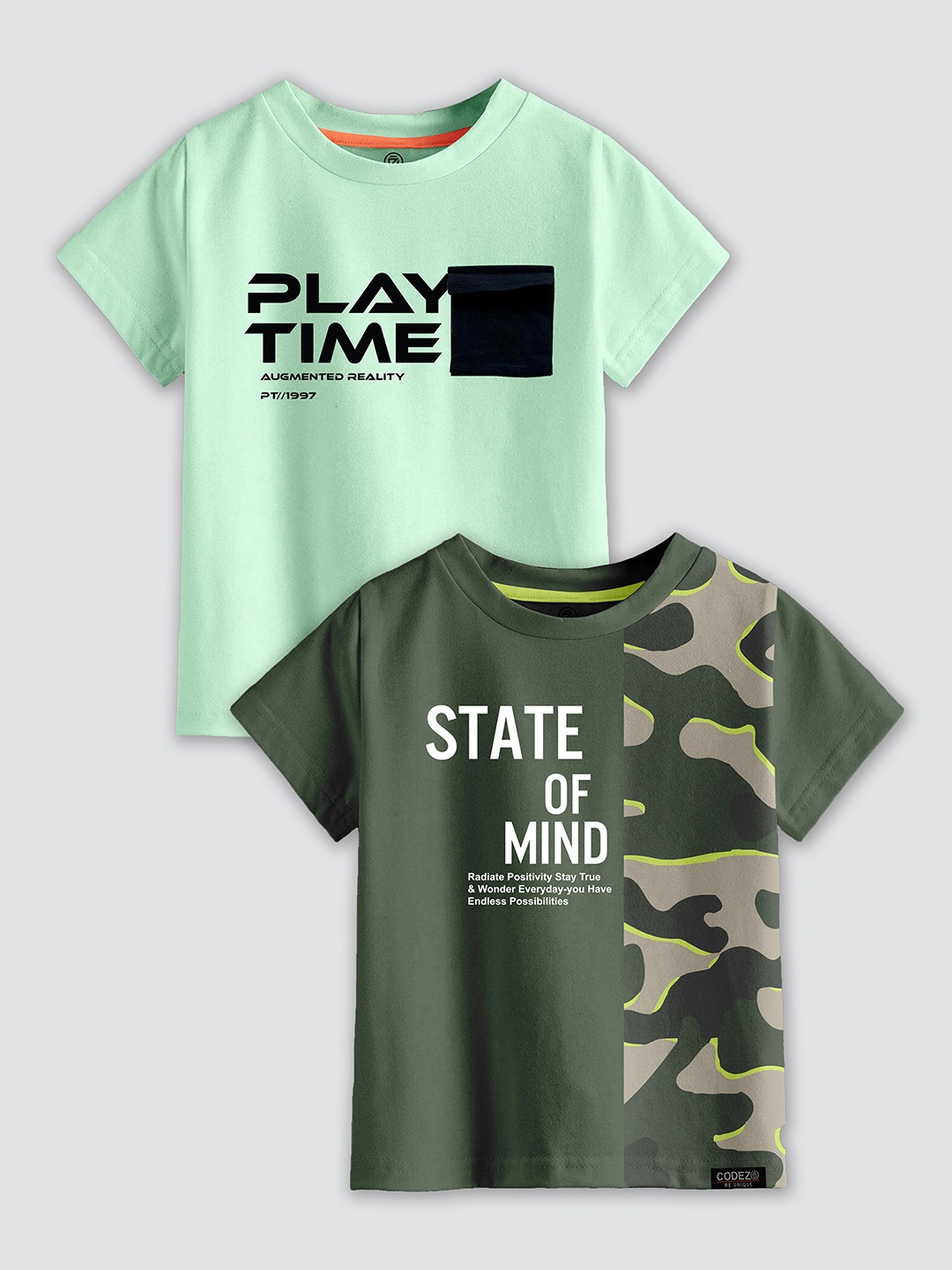 

CODEZ Boys Pack Of 2 Typography Printed Cotton Regular Fit T-shirts, Green
