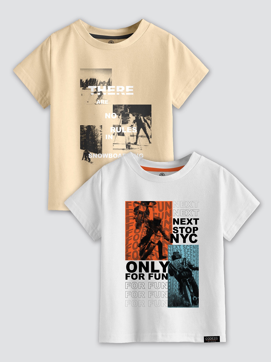 

CODEZ Boys Pack Of 2 Printed Cotton T-shirts, Beige