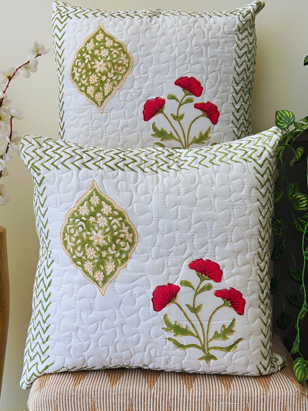 

PLAYFUL STITCHES Handblock Natural Dye Cushion Cover - Set Of 2, White