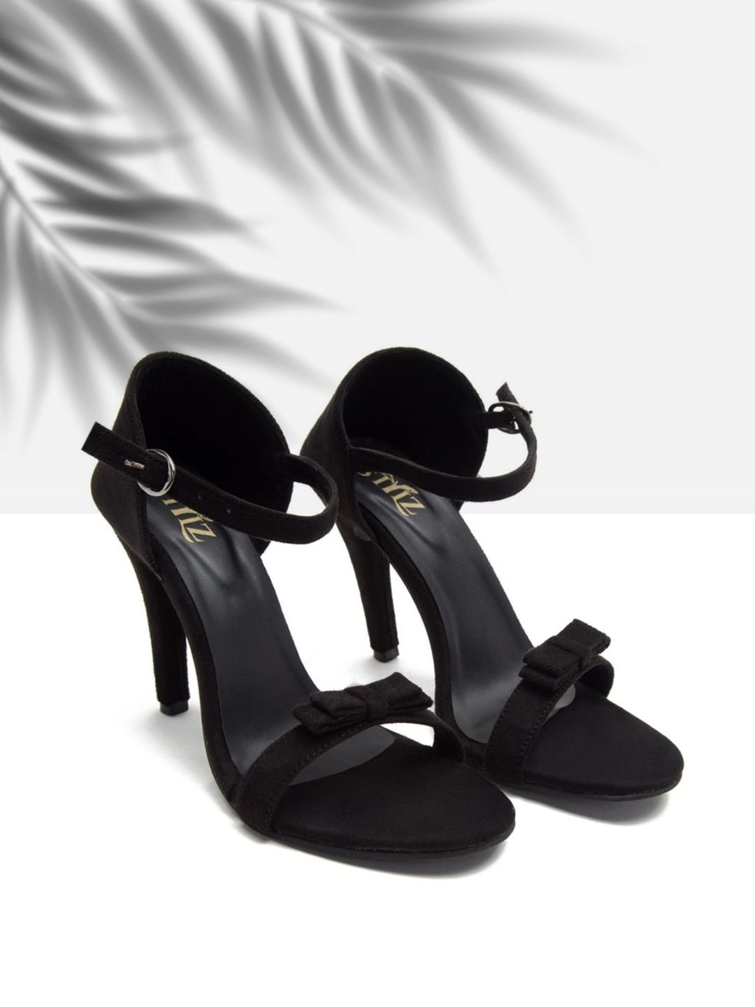 

STYLZINDIA Bow Detail Open Toe Ankle Loop Velvet Stiletto Heels, Black