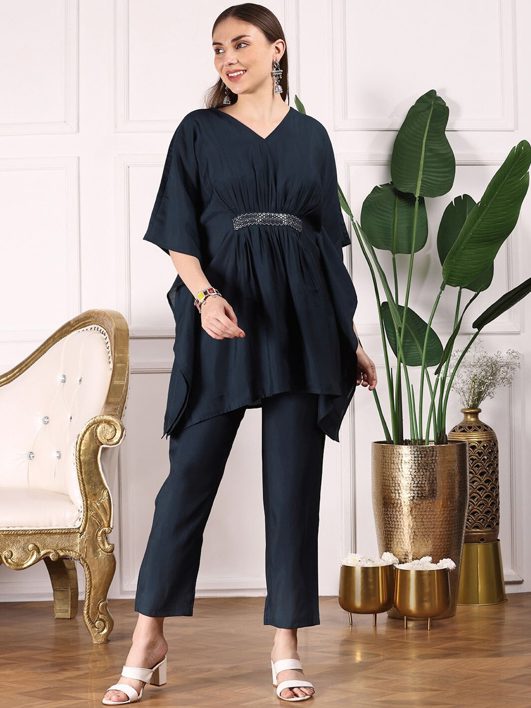 

Ishin Navy Blue Kimono Sleeve Asymmetric Kaftan Kurti with Trousers