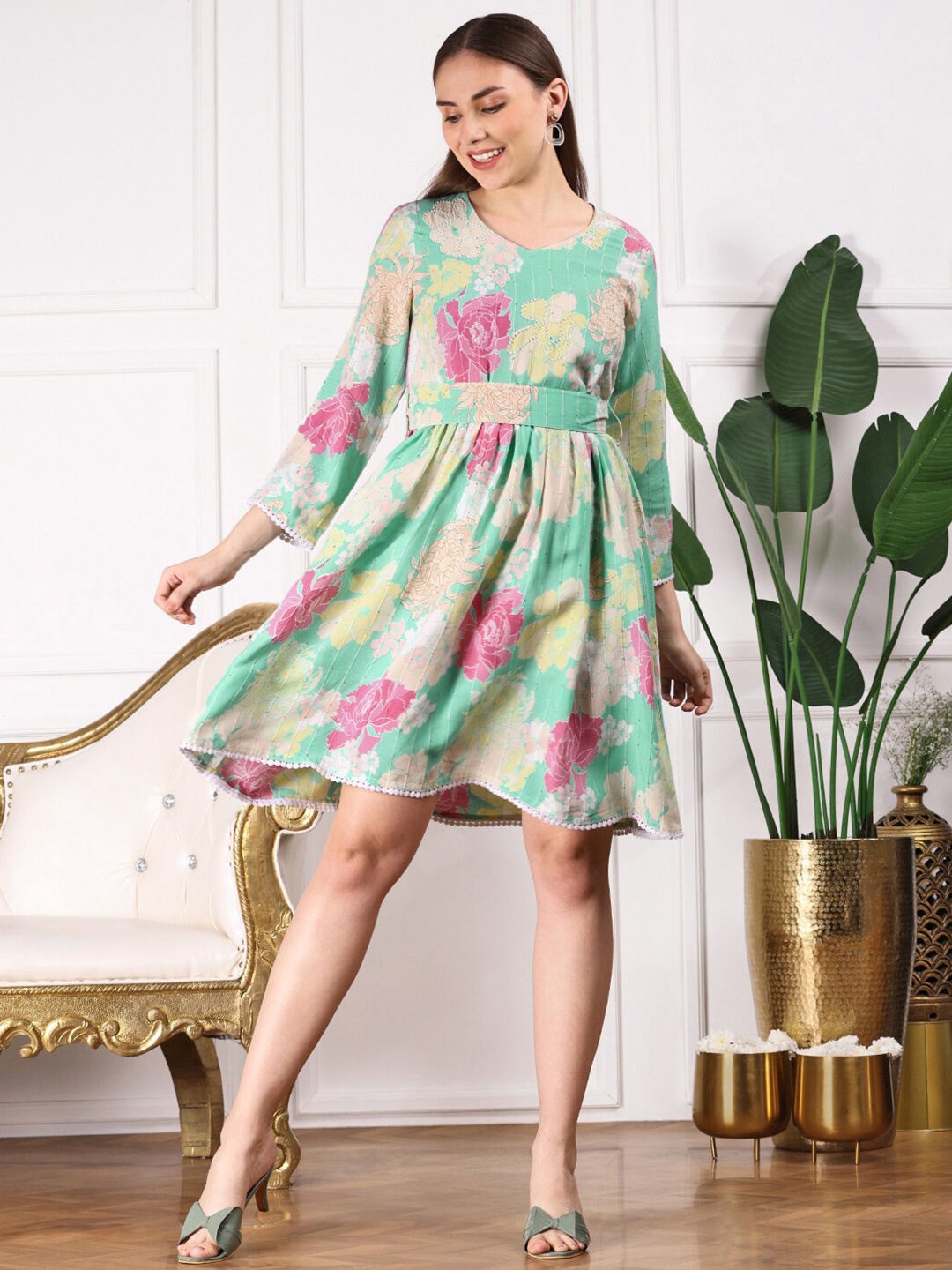 

Ishin Floral Printed Flared Sleeves Sequinned Fit & Flare Dress, Green