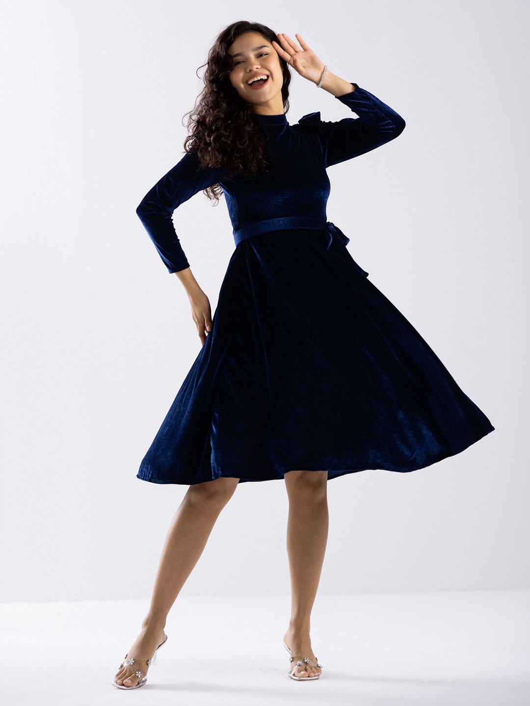 

AASK High Neck Ruffled Velvet Fit & Flare Dress, Blue