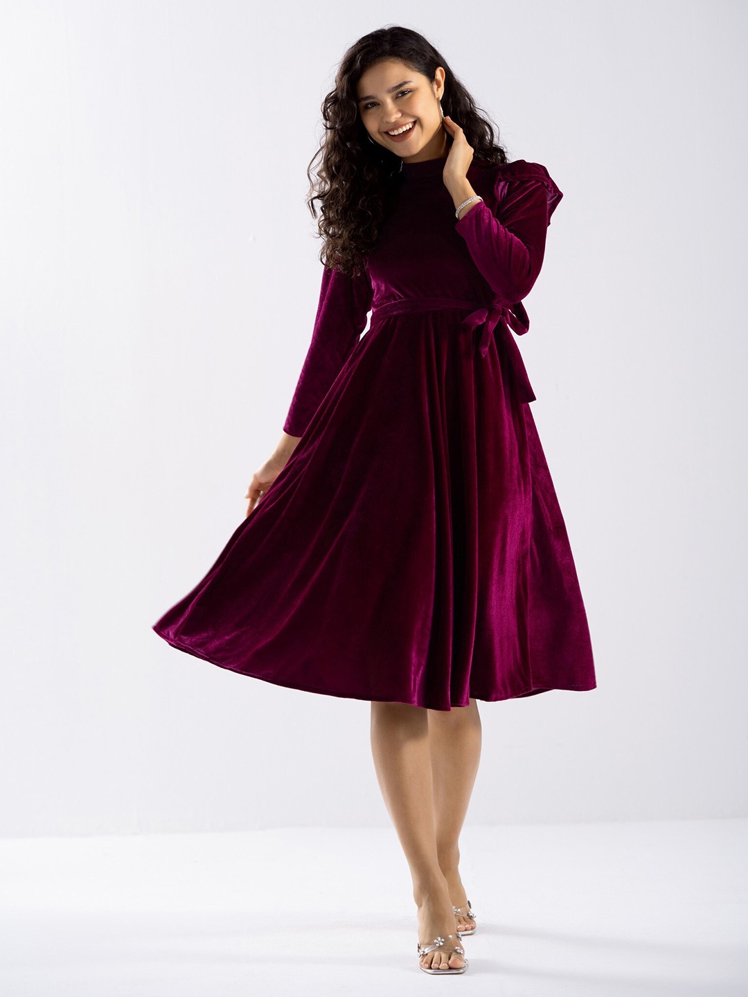 

AASK High Neck Ruffled Velvet Fit & Flare Dress, Purple