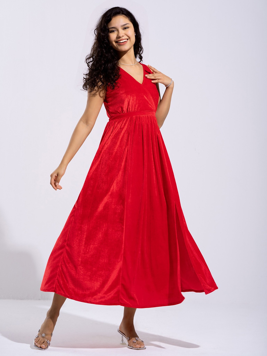 

AASK Shoulder Straps Velvet Maxi Dress, Red