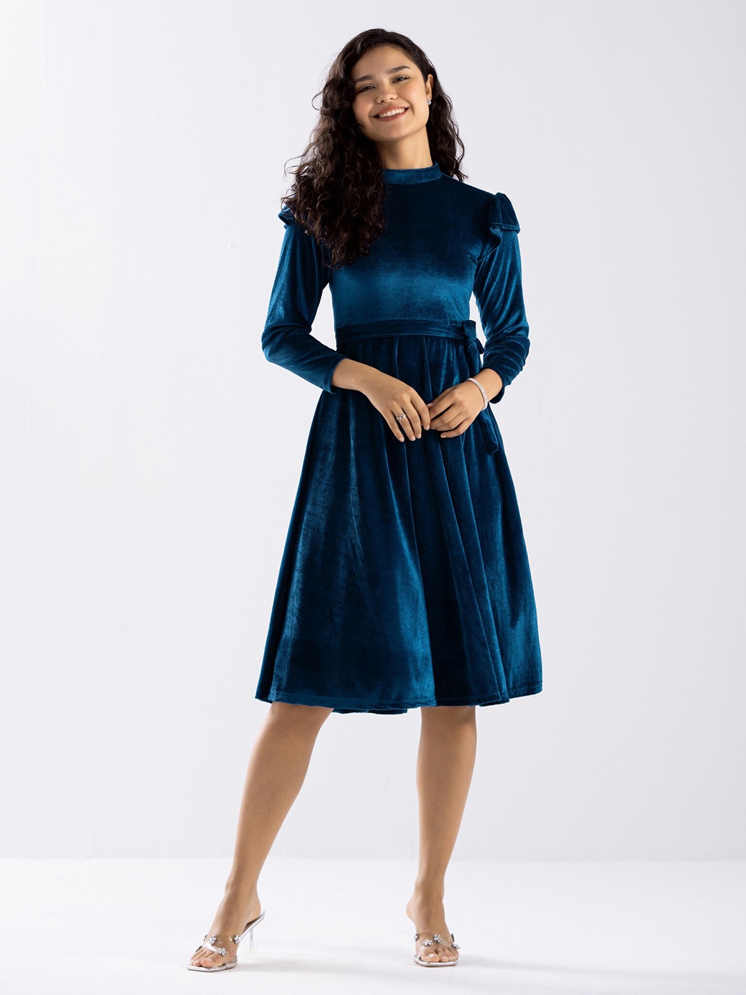 

AASK High Neck Ruffles Velvet Fit & Flare Dress, Teal