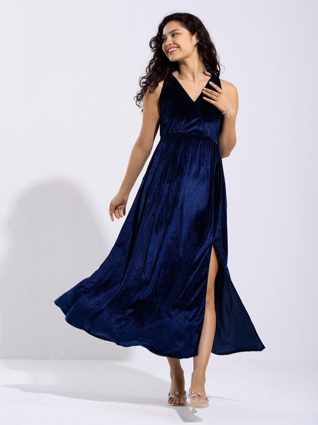 

AASK Shoulder Straps Velvet Maxi Dress, Blue