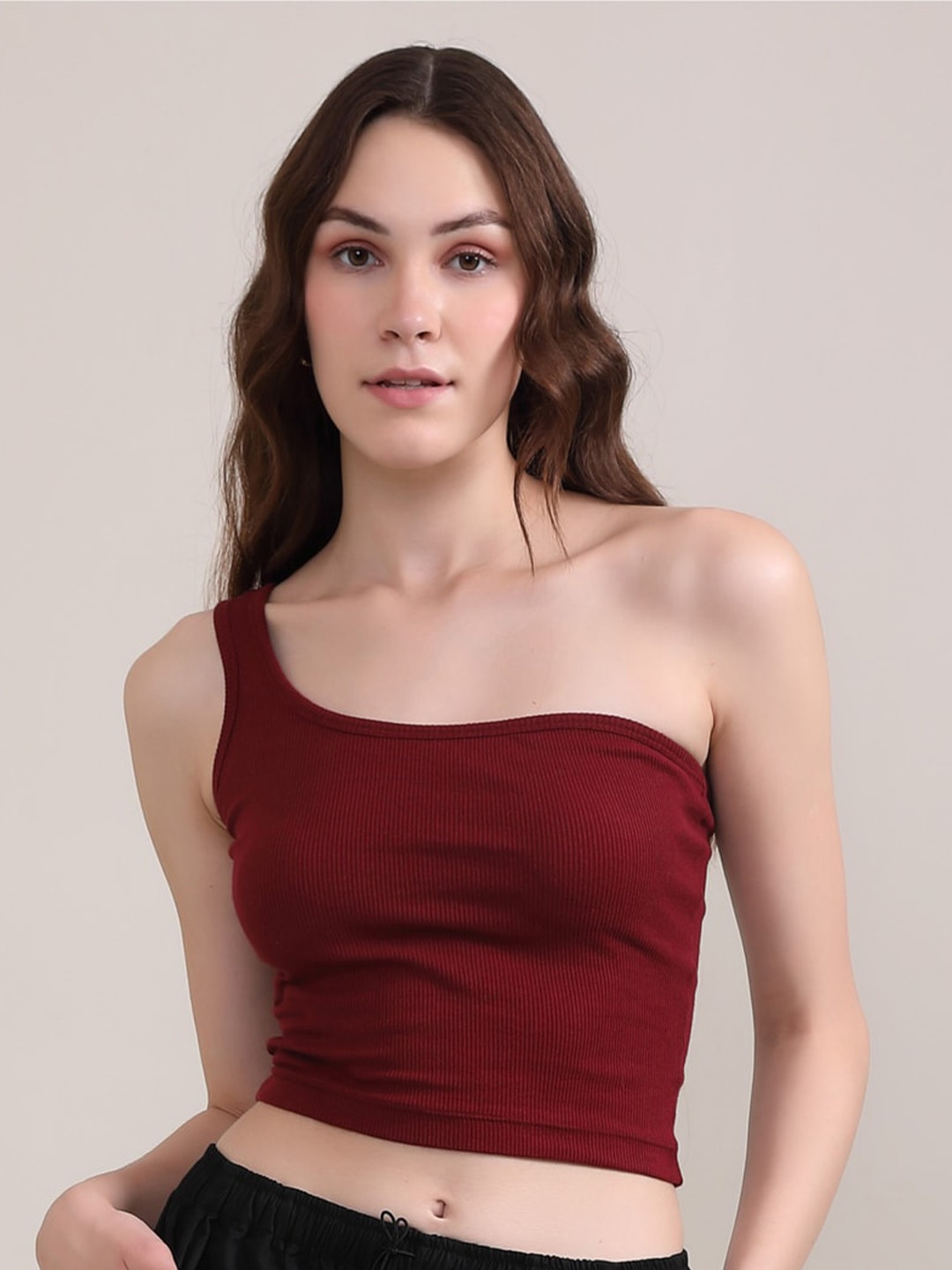 

BOTNIA One Shoulder Ribbed Cotton Fitted Crop Top, Burgundy
