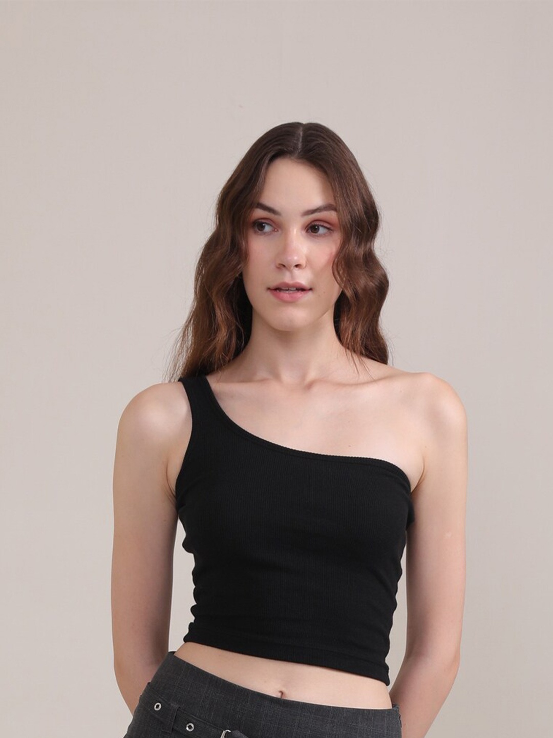 

BOTNIA Ribbed One Shoulder Cotton Crop Fitted Top, Black