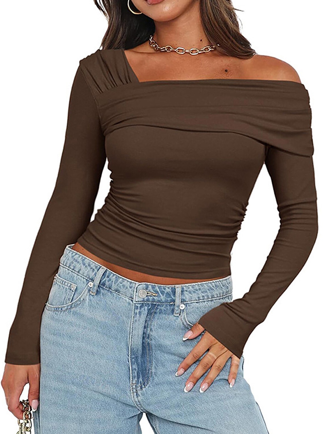 

LULU & SKY One Shoulder Ruched Crop Fitted Top, Brown