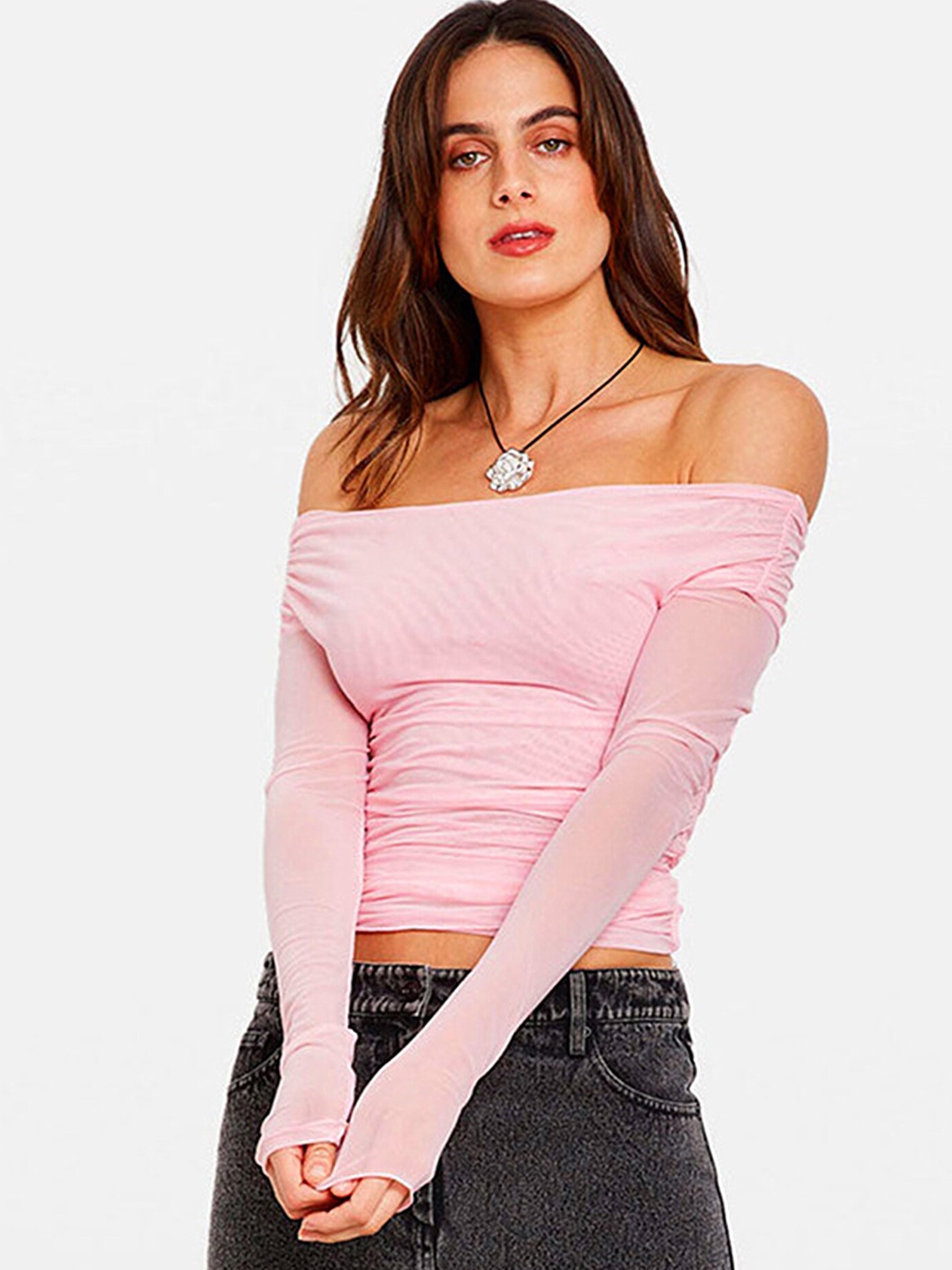 

LULU & SKY Off-Shoulder Bardot Crop Top, Pink