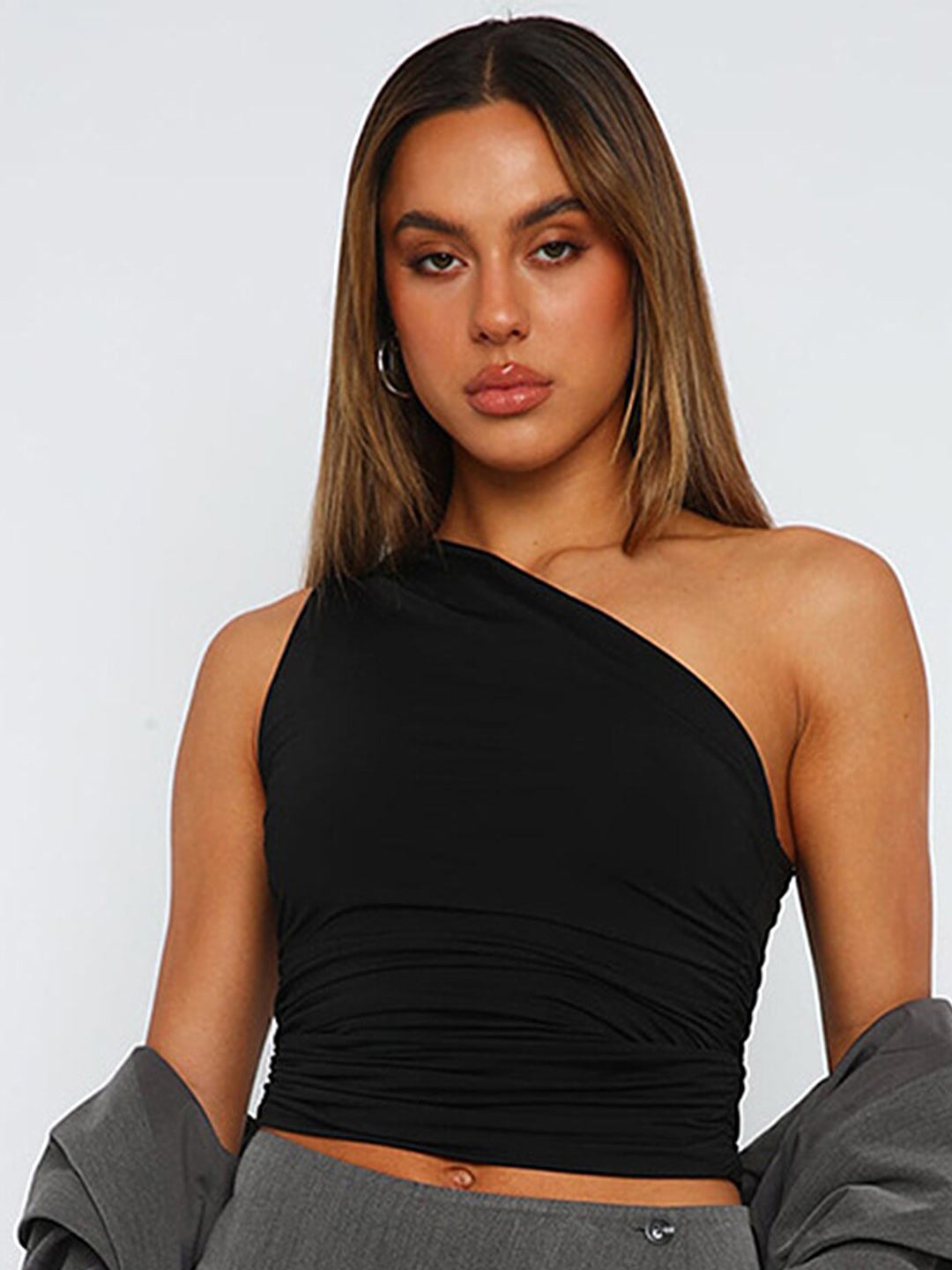 

LULU & SKY One Shoulder Fitted Crop Top, Black