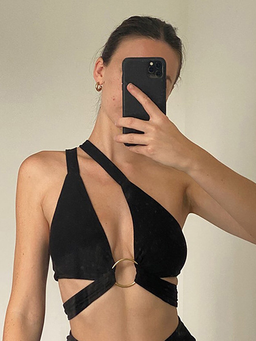 

LULU & SKY Halter Neck Cut-Out Detailed Crop Top, Black