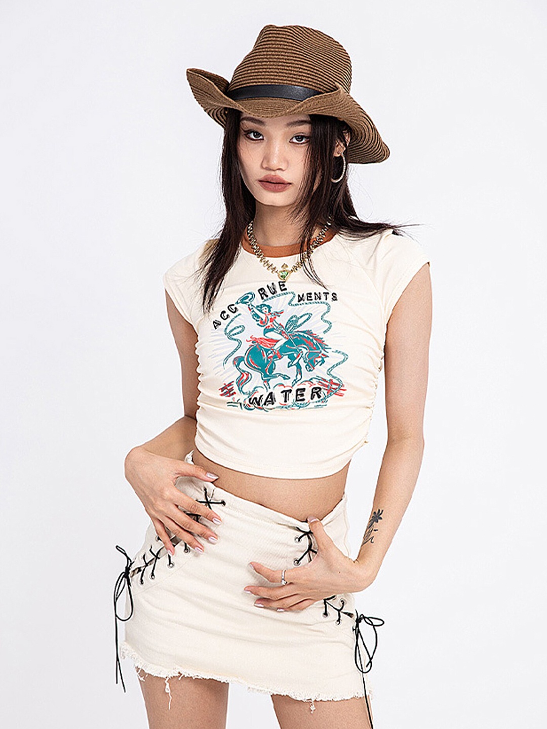 

LULU & SKY Graphic Printed Cap Sleeves Pure Cotton Crop Top, Beige