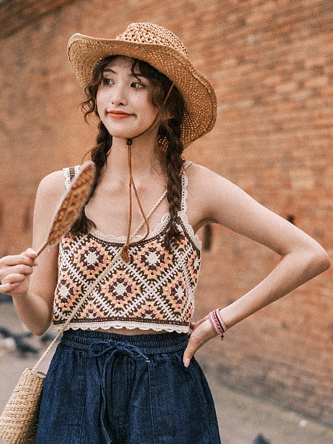 

LULU & SKY Self Design Shoulder Straps Sleeveless Crochet Crop Top, Coffee brown