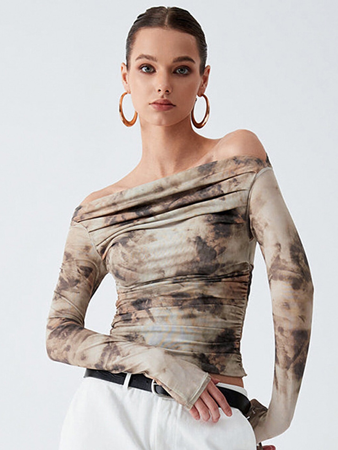 

LULU & SKY Tie & Dye Dyed Off-Shoulder Bardot Crop Top, Khaki