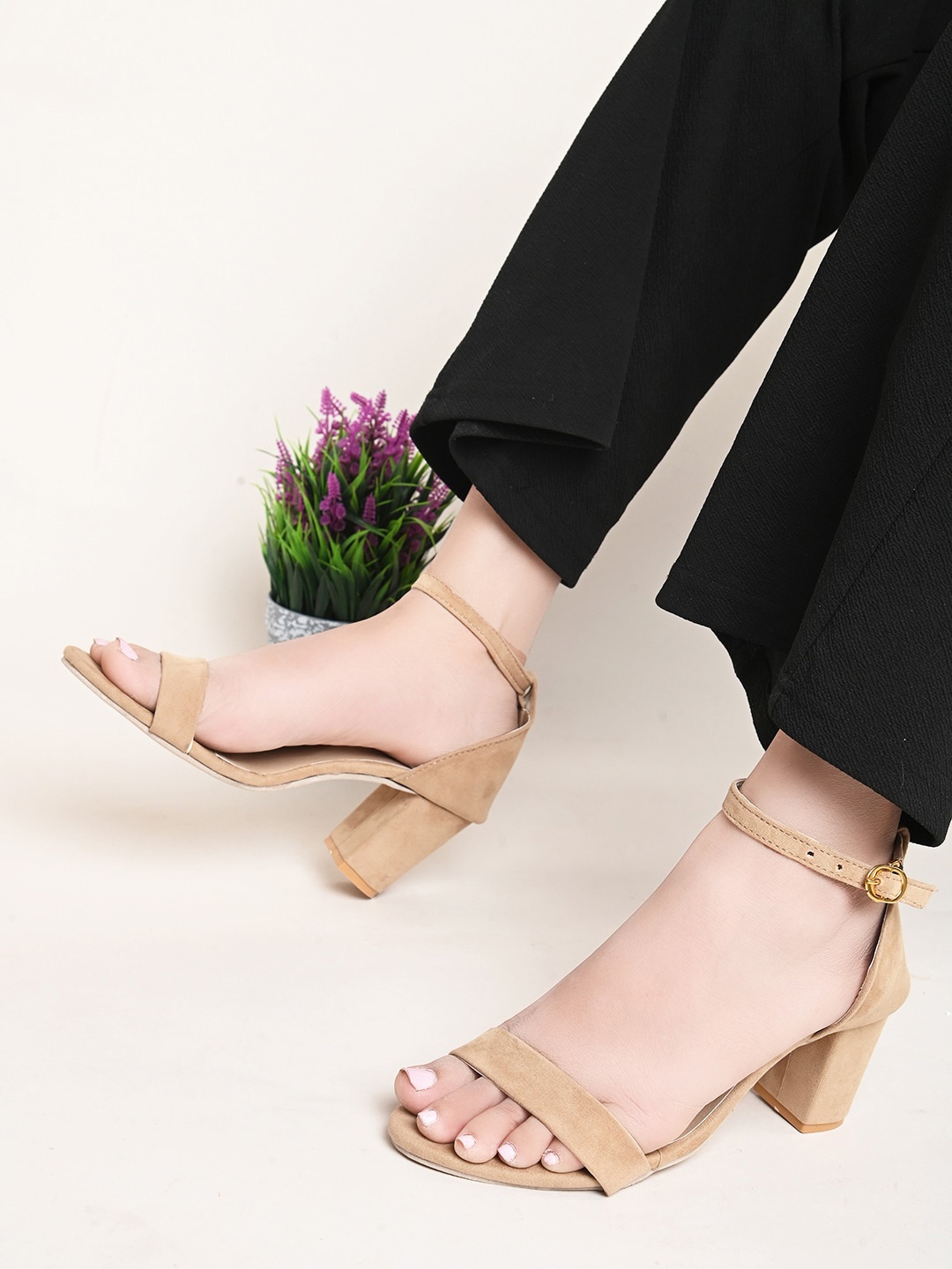 

XE Looks Open Toe Ankle Loop Block Heels, Beige