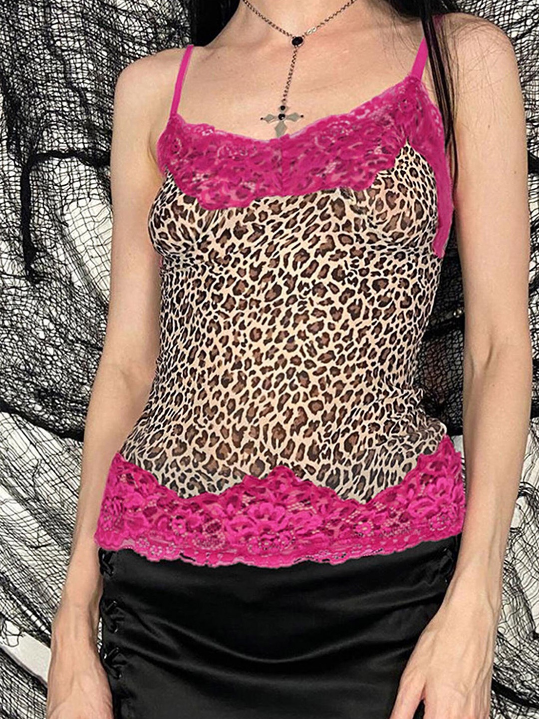 

LULU & SKY Animal Skin Printed Shoulder Straps Lace Inserts Top, Rose