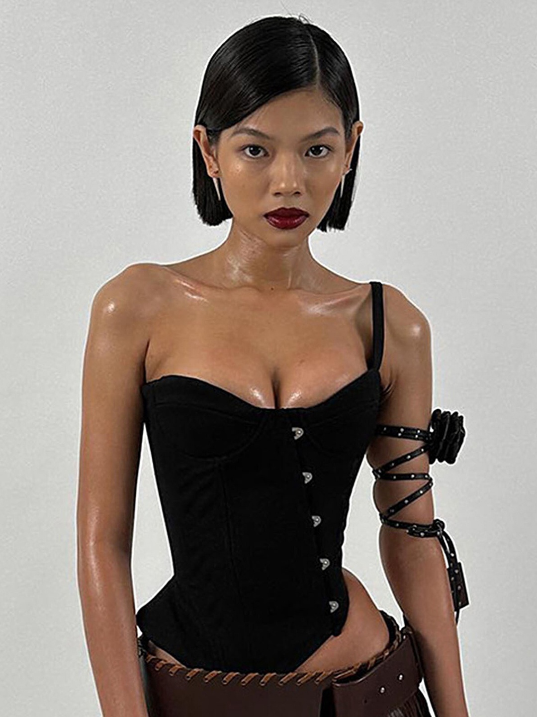

LULU & SKY One Shoulder Neck Corset Top, Black