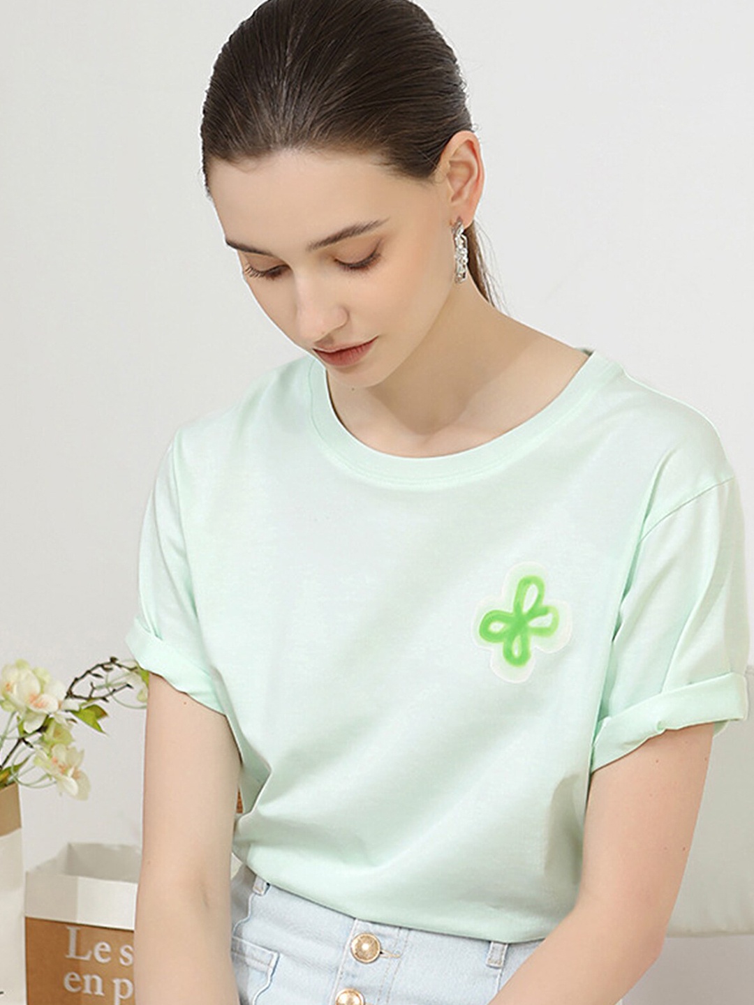 

LULU & SKY Round Neck Short Sleeves Pure Cotton Tshirt, Green