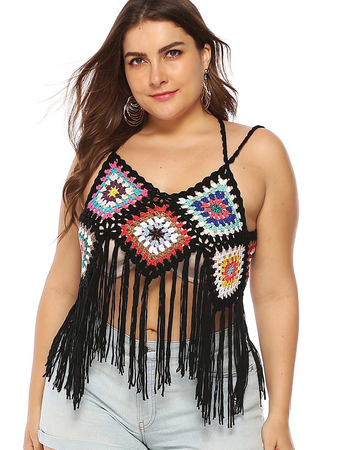 

LULU & SKY Embellished Print Shoulder Strap Acrylic Crop Top, Black