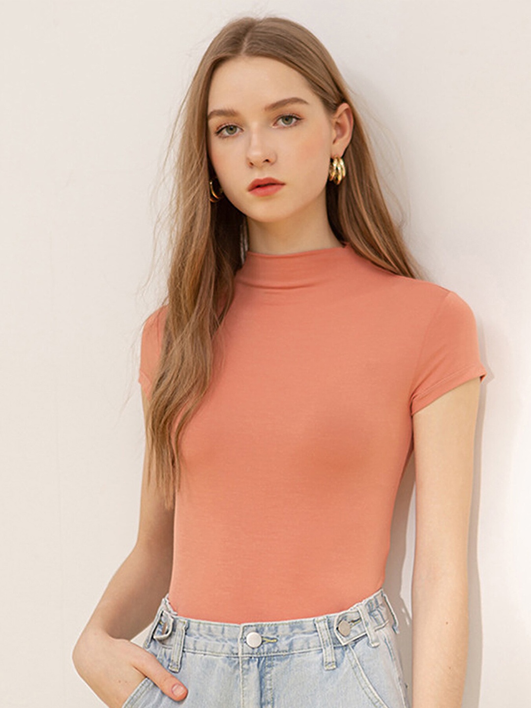 

LULU & SKY Mock Neck Cotton Fitted Top, Peach