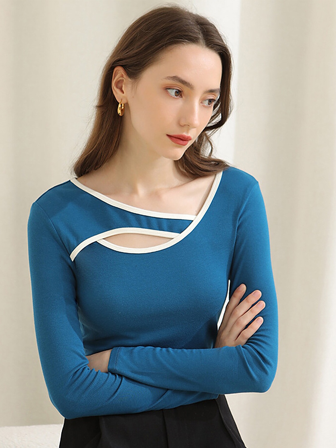 

LULU & SKY Asymmetric Neck Cut Out Fitted Top, Blue