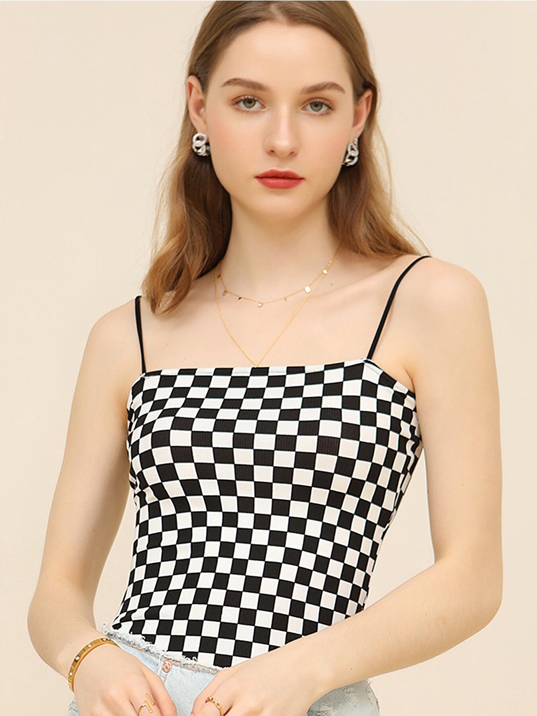 

LULU & SKY Checked Shoulder Straps Monochrome Fitted Crop Top, Black