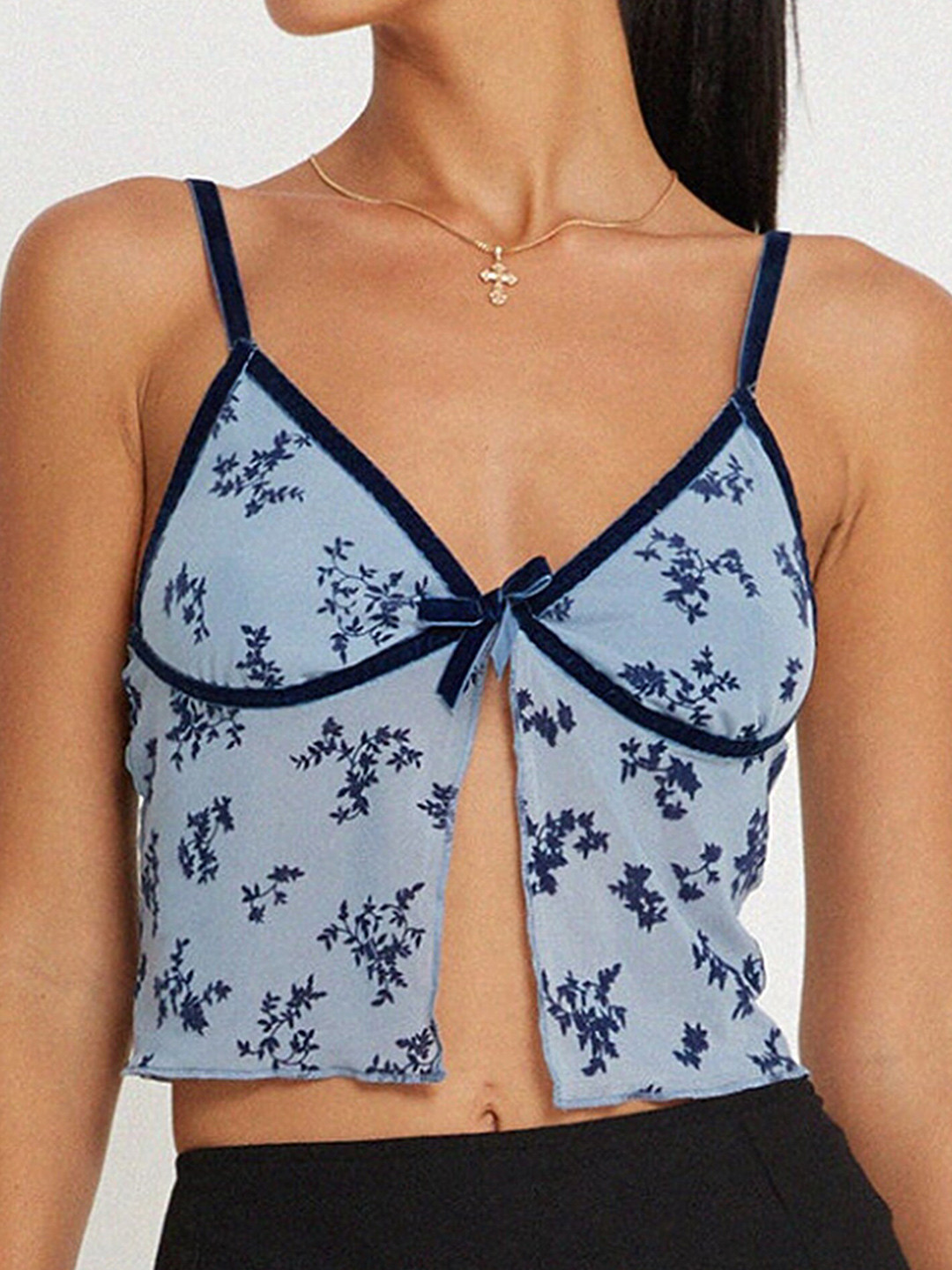 

LULU & SKY Floral Printed Front Slit Crop Top, Blue
