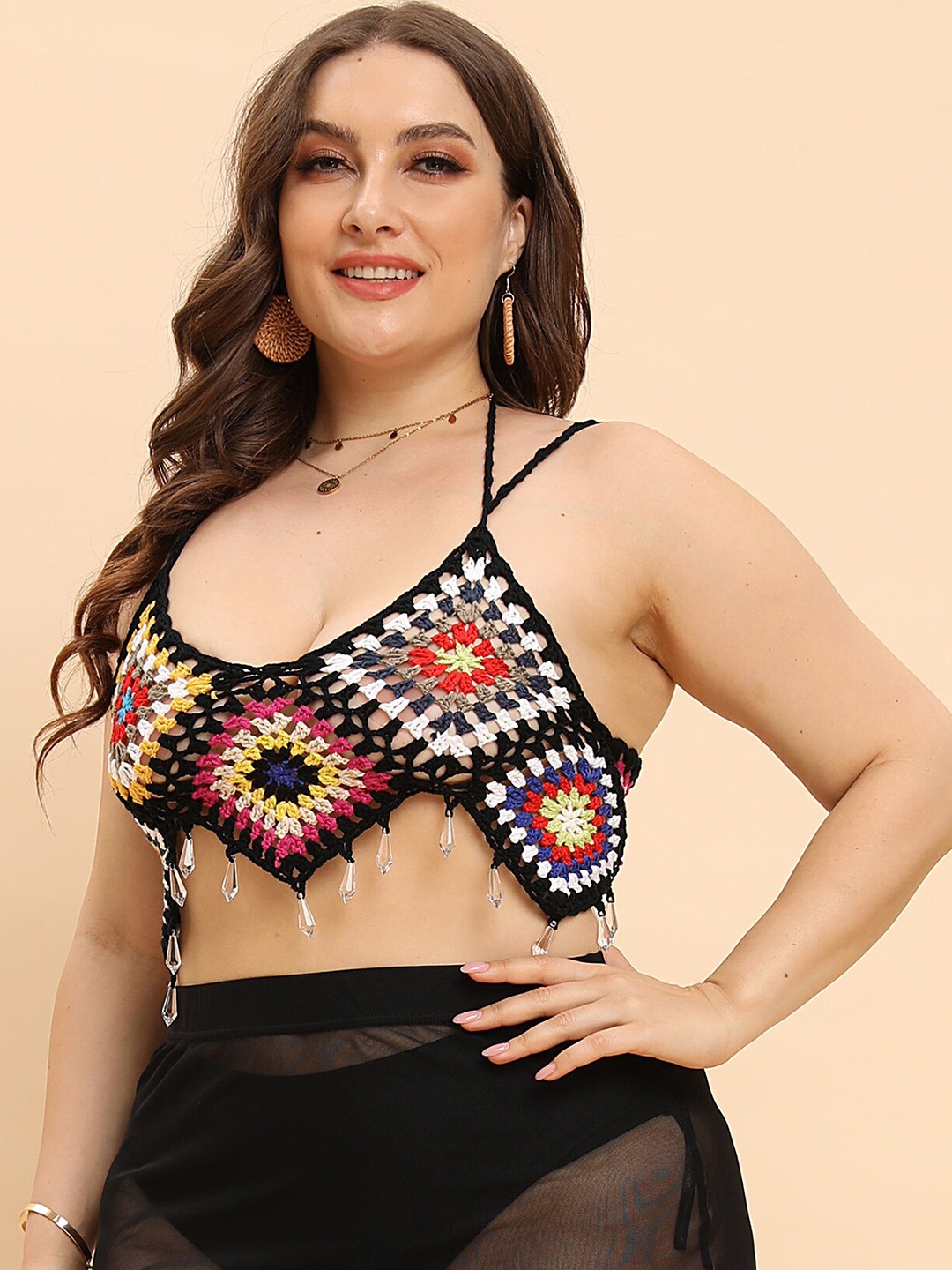 

LULU & SKY Plus Size Self Design Halter Neck Crochet Acrylic Swim Top, Black