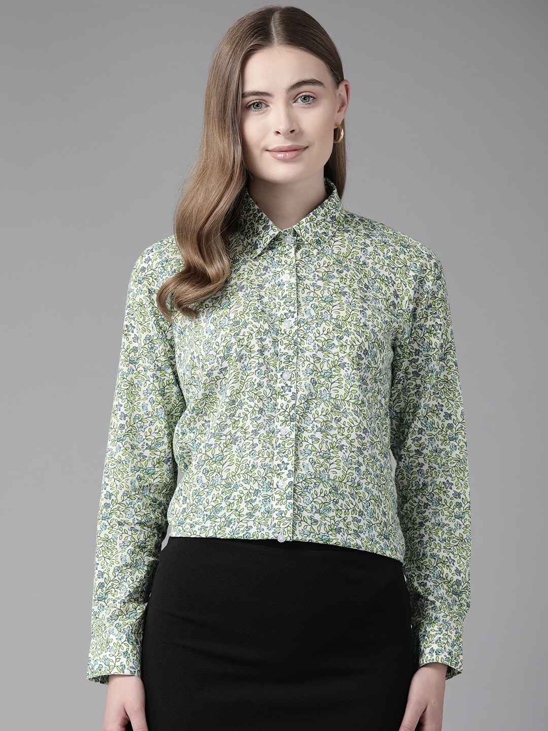 English Navy Women Floral Printed Formal Shirt, Green