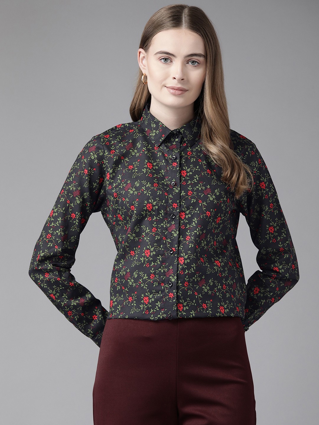 

English Navy Women Floral Printed Formal Shirt, Black