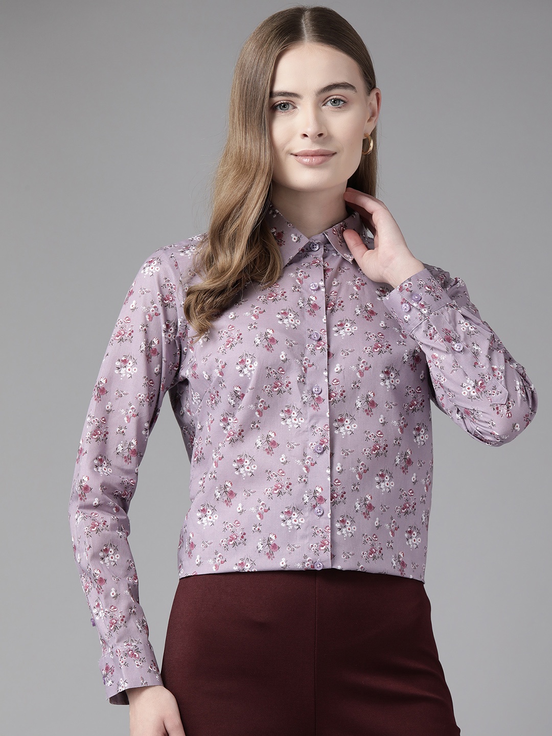 

English Navy Women Floral Printed Formal Shirt, Mauve