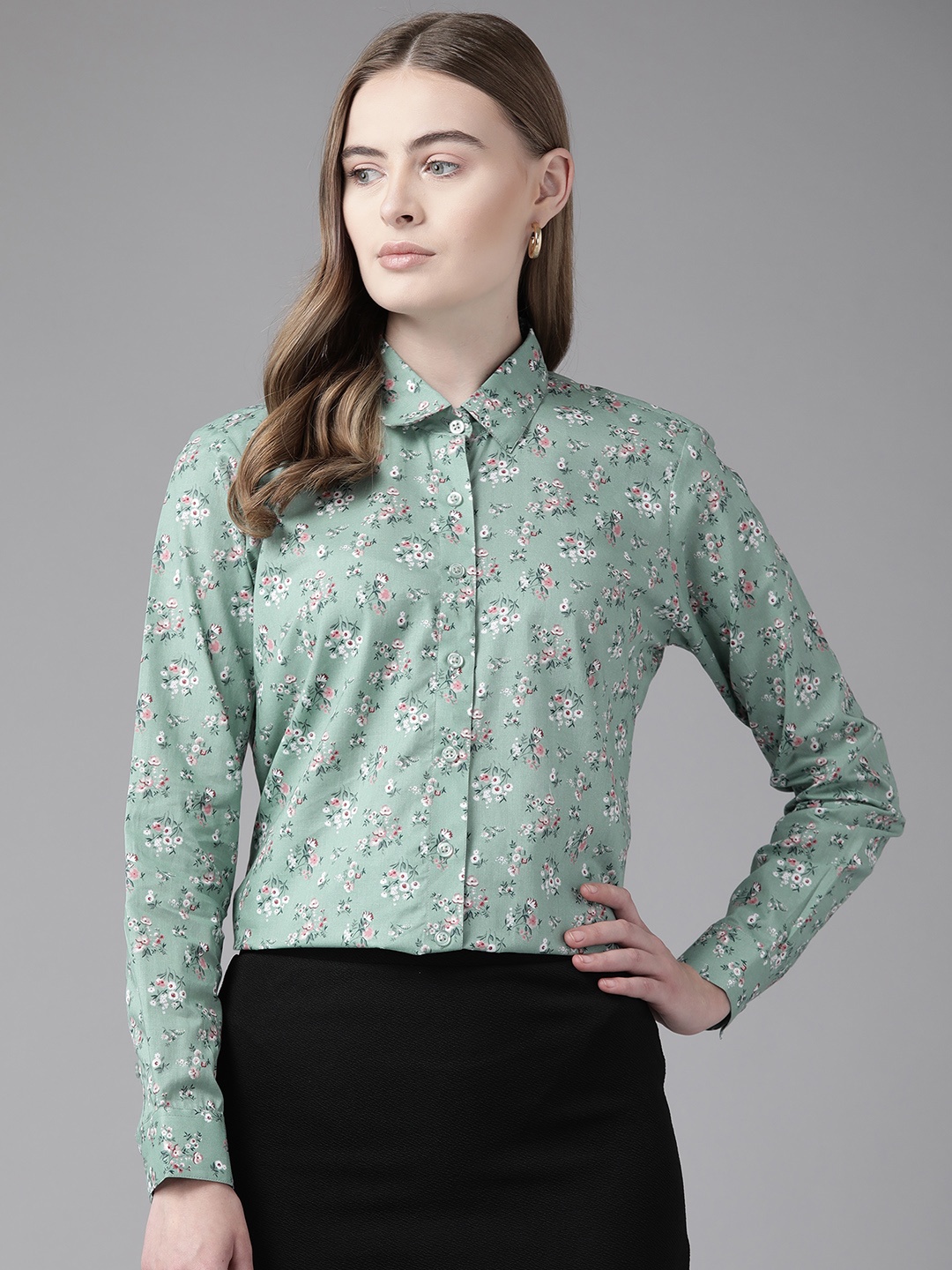 

English Navy Women Floral Printed Formal Shirt, Green