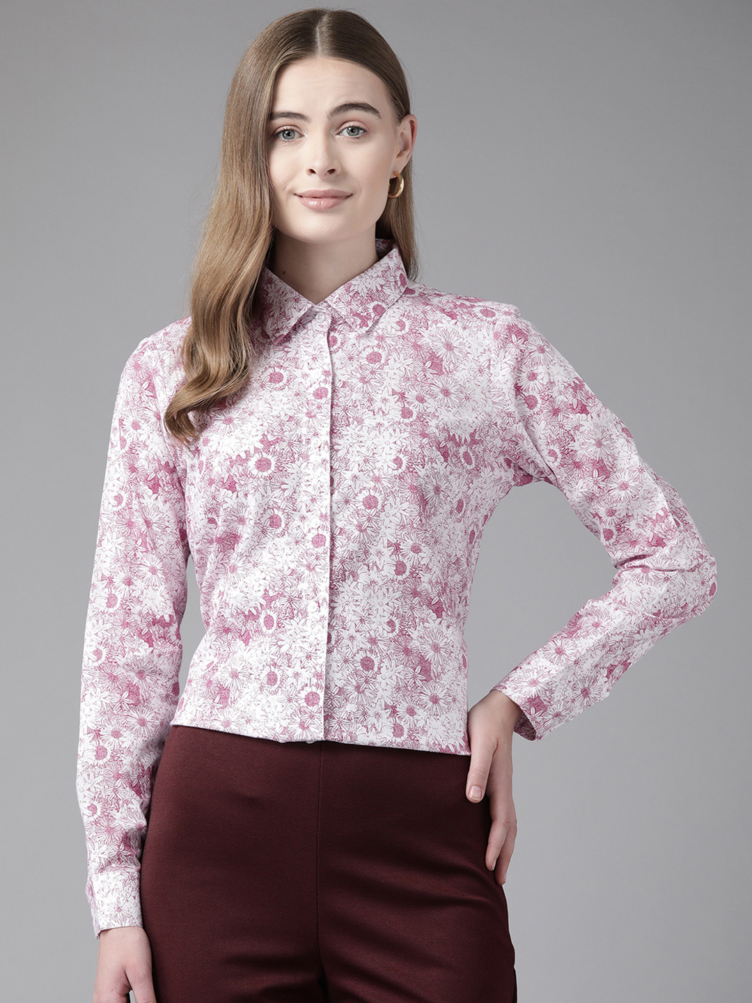 

English Navy Women Floral Printed Formal Shirt, White