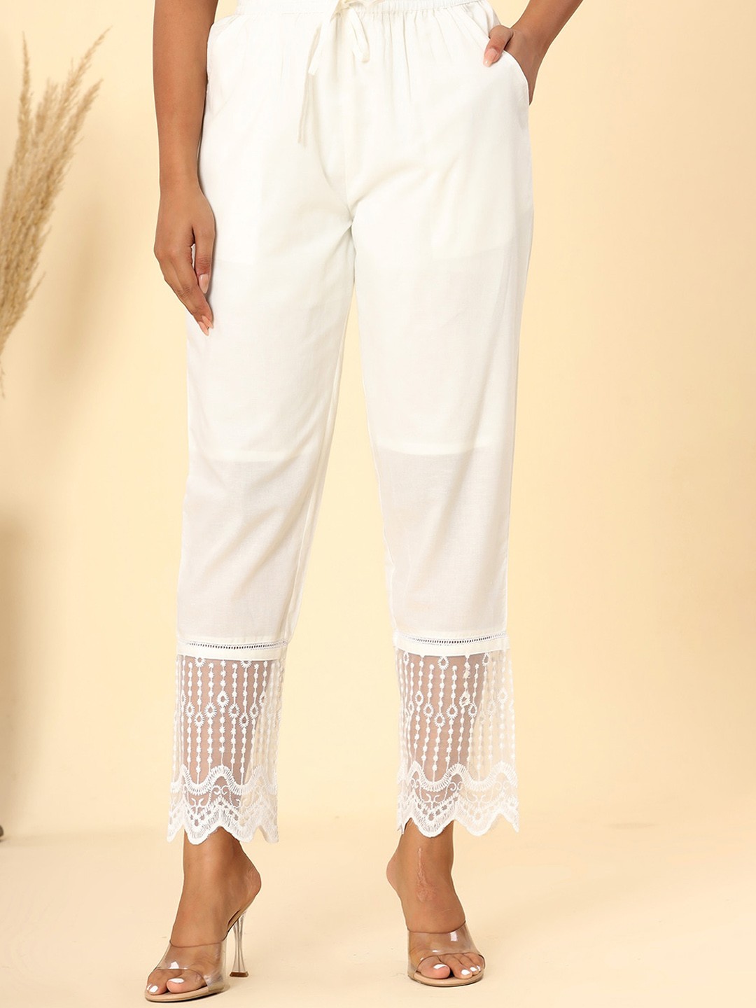 

KAAJH Women Mid-Rise Cotton Lace Trousers, White
